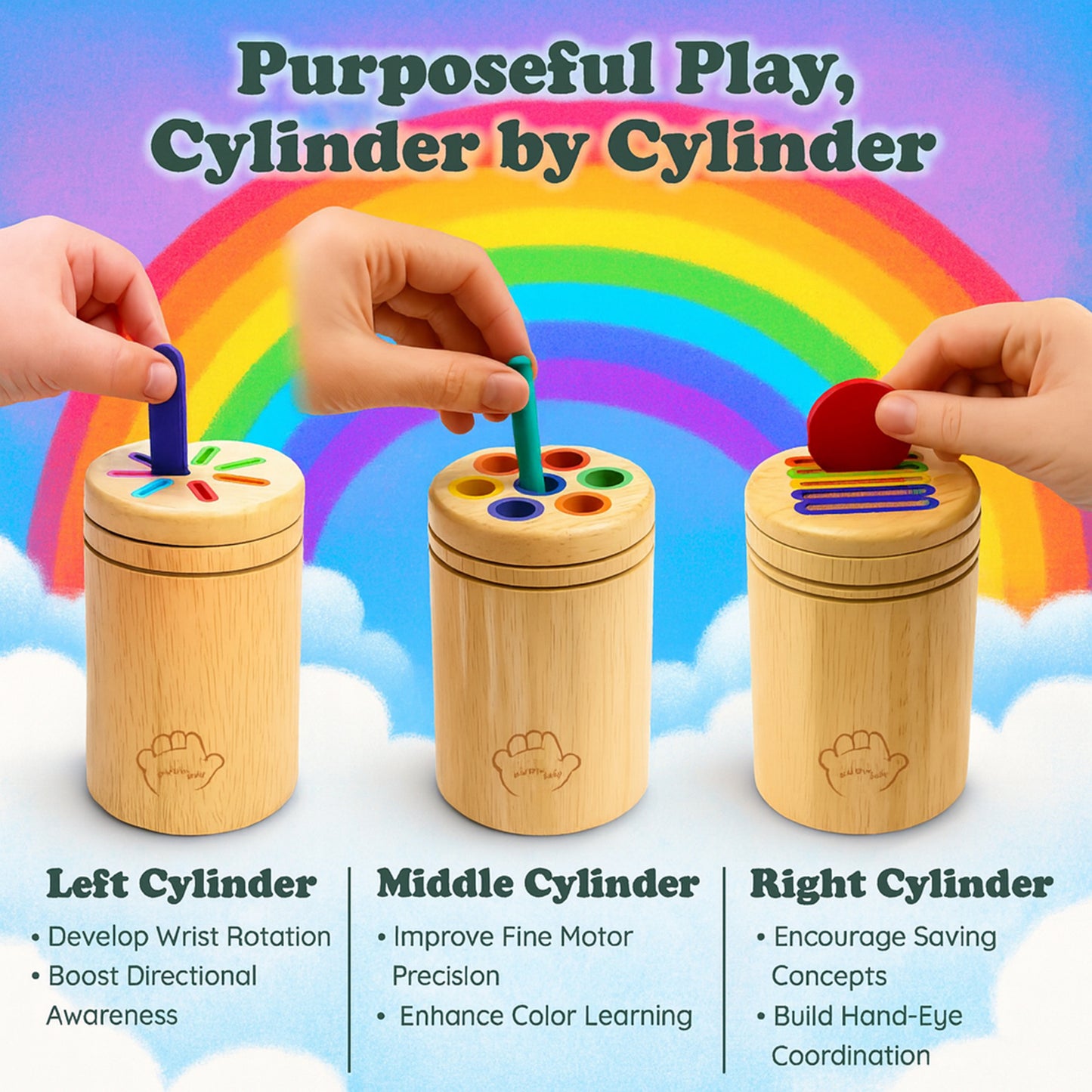 Safe, non-toxic smooth wooden Montessori sensory toy for babies and toddlers ages 1 to 3.