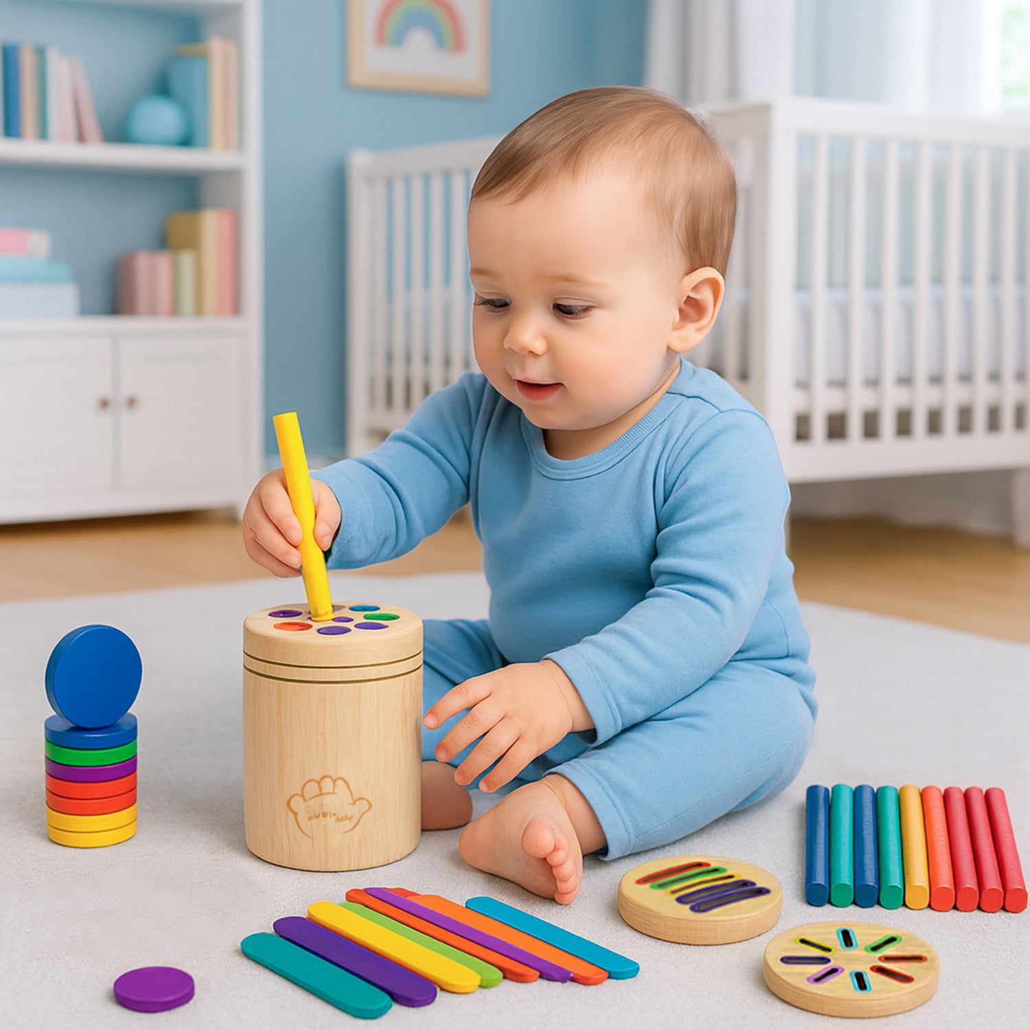 BubloBaby 47-piece wooden Montessori color sorting toy set with cylinder and colorful wooden sticks
