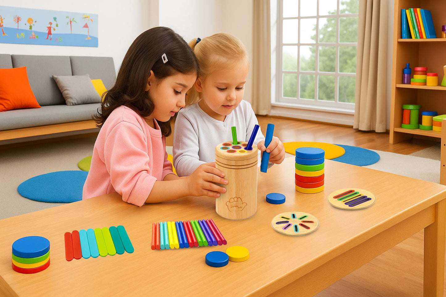 Image 2 Alt Text: Toddler playing with wooden object permanence toy dropping colorful discs into a wooden box.
