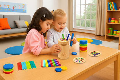 Image 2 Alt Text: Toddler playing with wooden object permanence toy dropping colorful discs into a wooden box.
