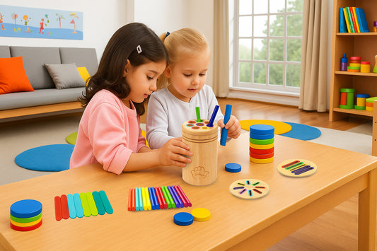 Image 2 Alt Text: Toddler playing with wooden object permanence toy dropping colorful discs into a wooden box.
