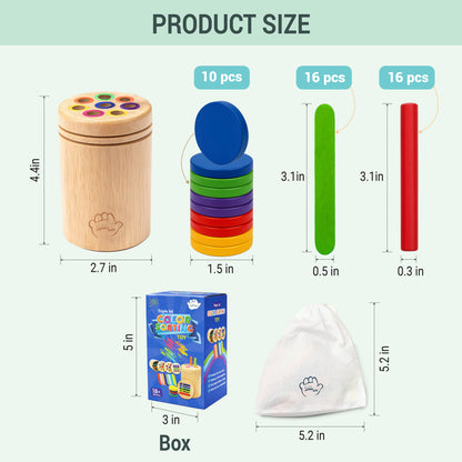 Wooden educational toddler toy showing 3 interchangeable sorting lids and a canvas storage bag.