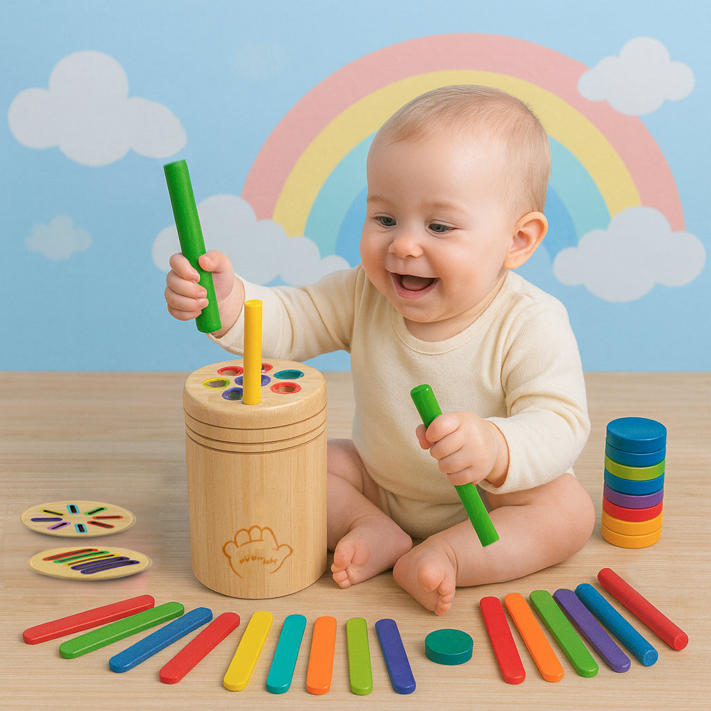 Child developing fine motor skills by inserting colored wooden sticks into a sorting toy