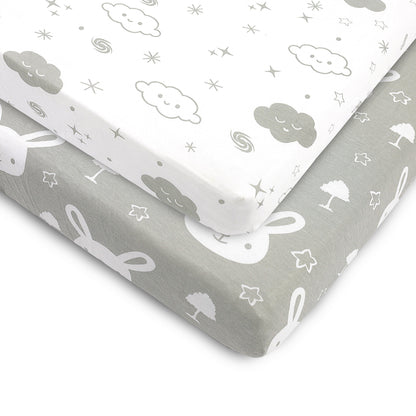 Bubo Baby Mini Crib Sheets 2-Pack – Grey White Jersey Cotton