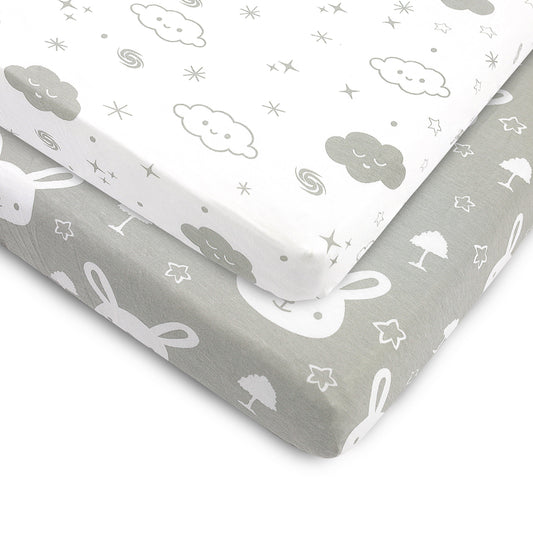 Bubo Baby Mini Crib Sheets 2-Pack – Grey White Jersey Cotton