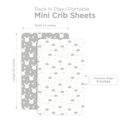 Bubo Baby Mini Crib Sheets 2-Pack – Grey White Jersey Cotton